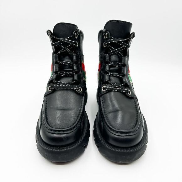 Gucci GG Web Stripe Lug Sole Black Leather Quebec Combat Boots Size 39, 9 - Picture 2 of 12